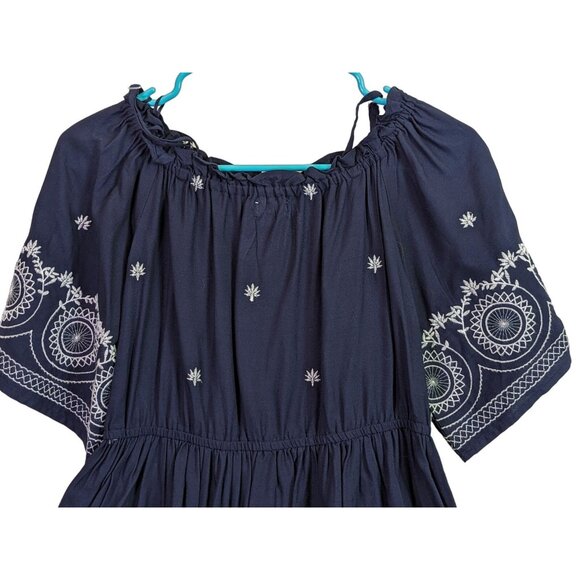 World Market Women size S/M Embroidered Gauzy Beachy Navy Dress Off Shoulder - Picture 2 of 11
